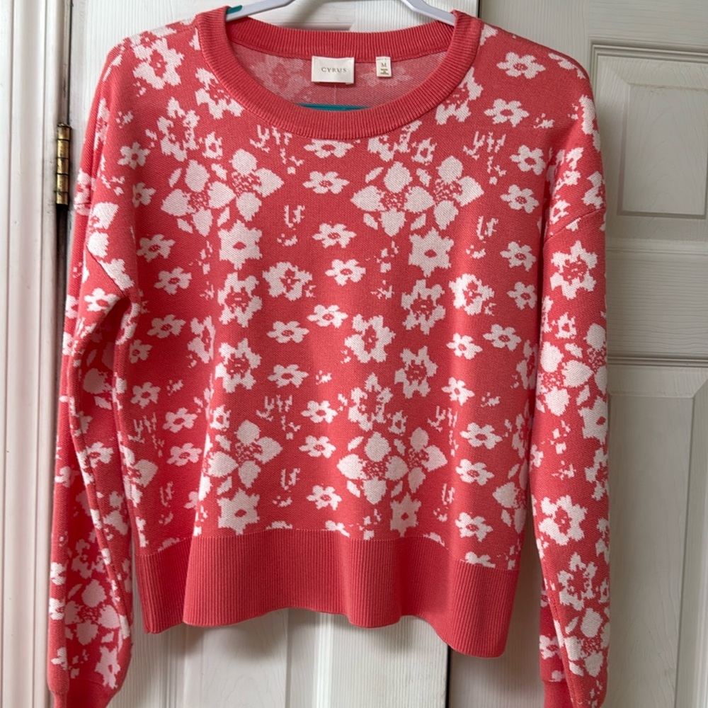 Cyrus Long Sleeve Sweater- Salmon and off white color with floral print.